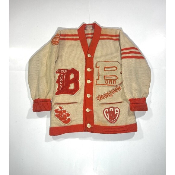 Englewood Knitting Mills Sweaters - Vintage 1950s Chicago Letterman Cardigan Sweater Women Cream Orange Wool Patches